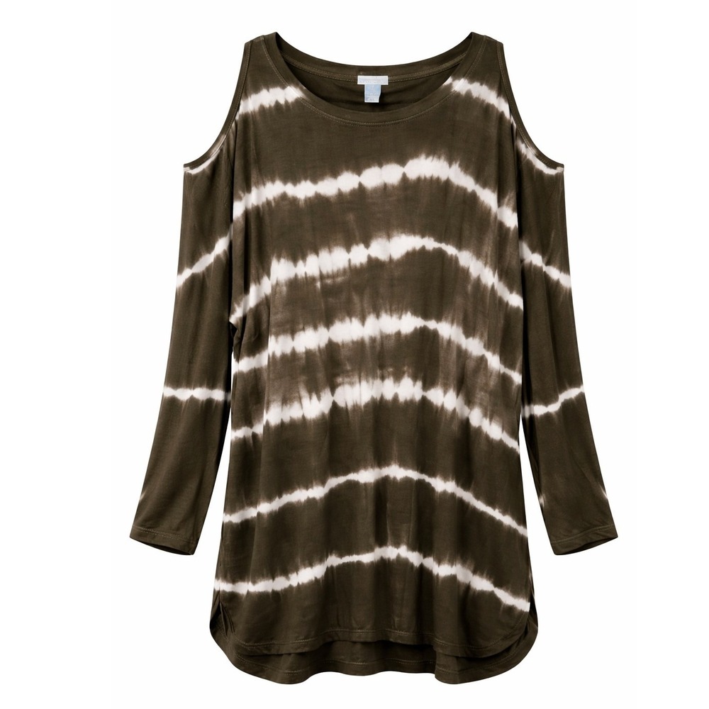 Sunday Womens Olive Green‎ Tie Dye Cold Shoulder Long Sleeve Top Size L Relaxed